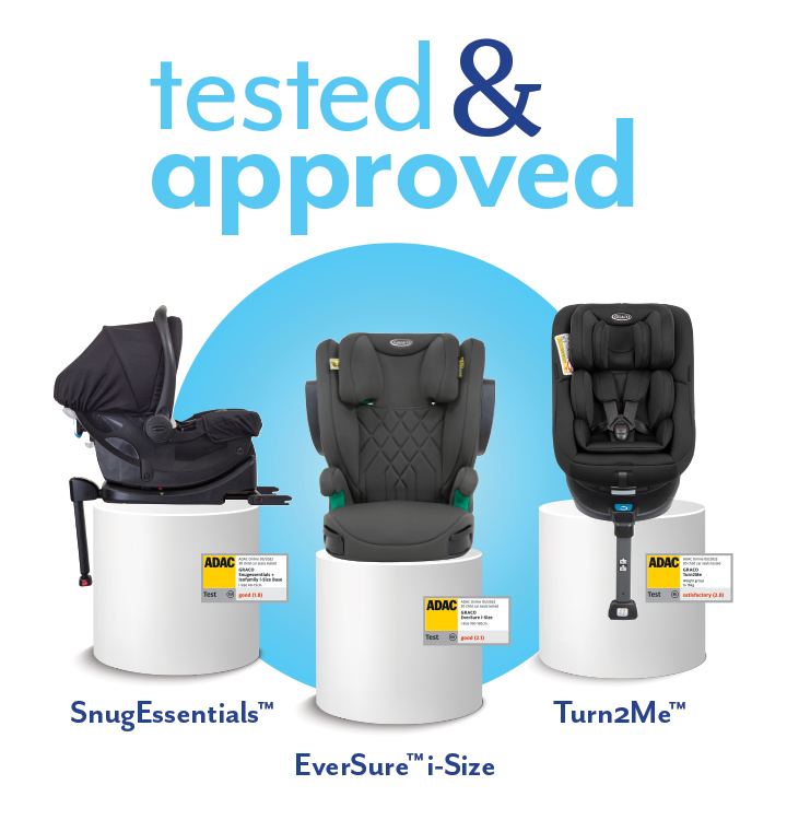 Graco's SnugEssentials, EverSure i-Size and Turn2Me car seats on a white pedestal