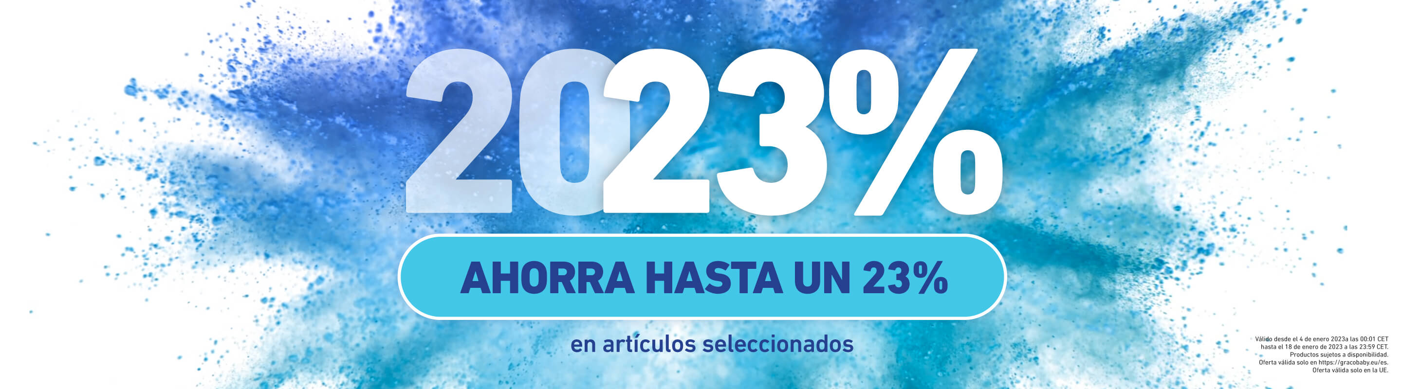 Imagen con explosión de polvo azul y texto que dice "ahorra hasta un 23 %".