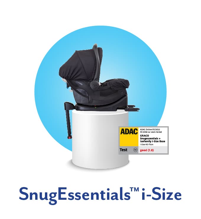 Graco's SnugEssentials i-Size infant car seat and IsoFamily i-Size ISOFIX base on white pedestal