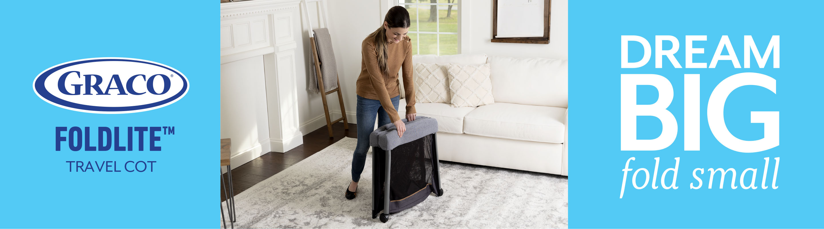 Woman compactly folding FoldLite travel cot in her living room.
