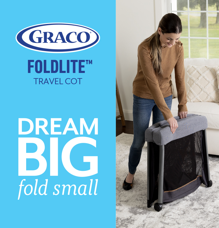 Mum folding the Graco FoldLite lightweight travel cot in her living room.